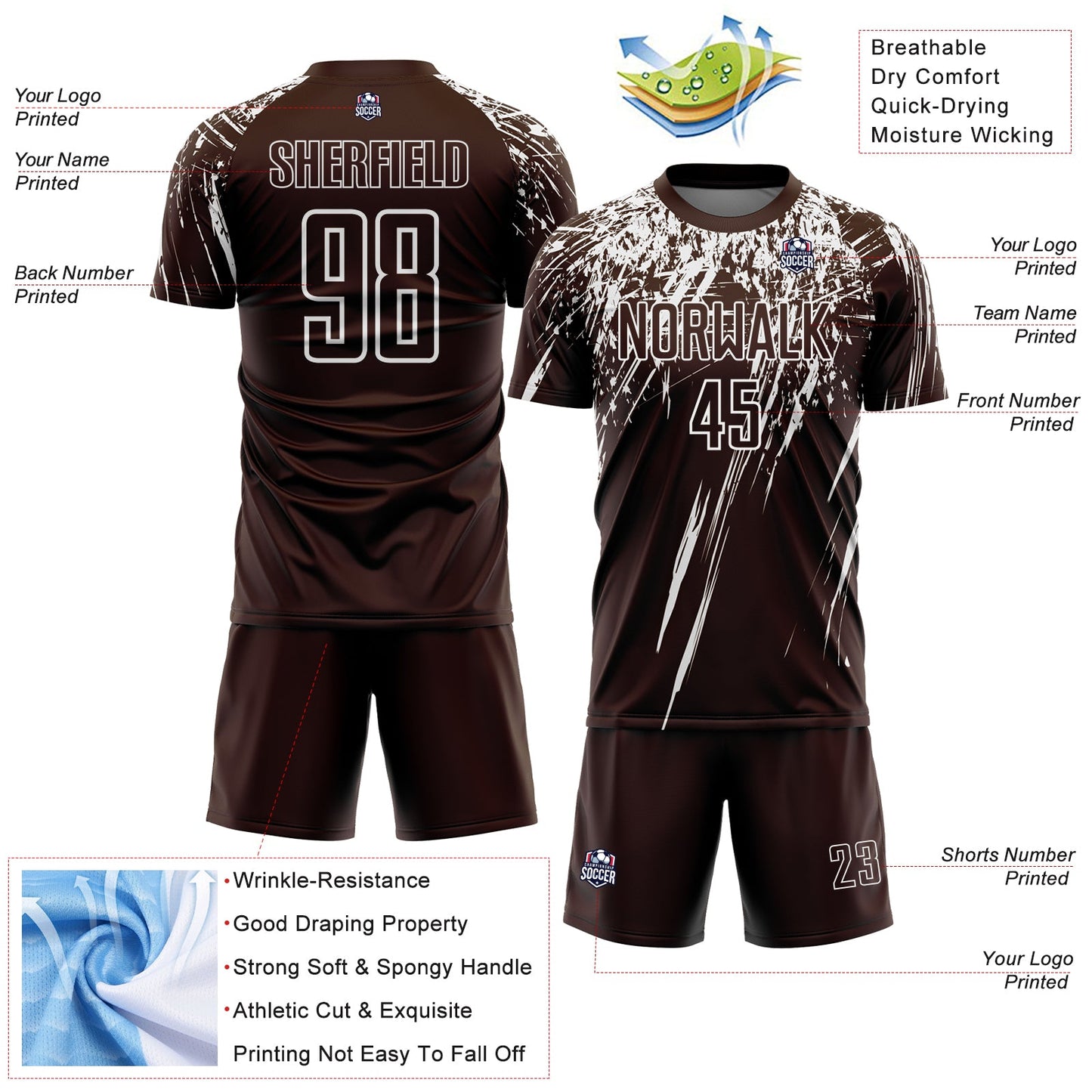 Custom Brown White Splash Sports Sublimation Soccer Uniform Jersey view 4