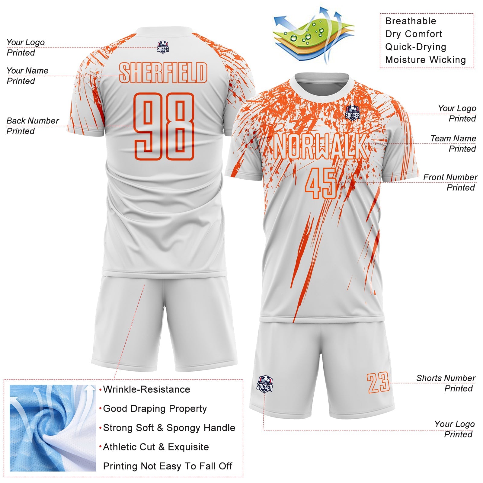 Custom White Orange Splash Sports Sublimation Soccer Uniform Jersey view 4