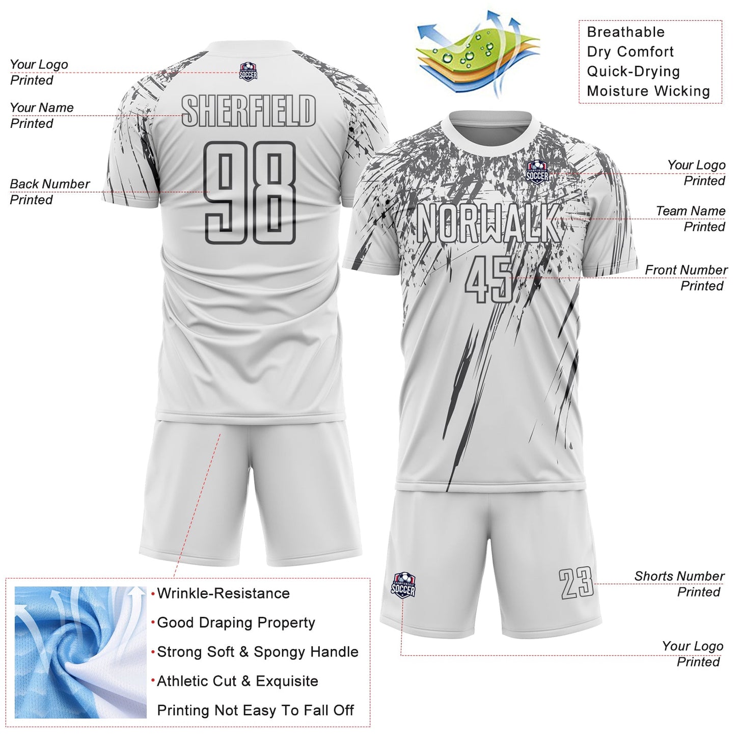 Custom White Steel Gray Splash Sports Sublimation Soccer Uniform Jersey view 4