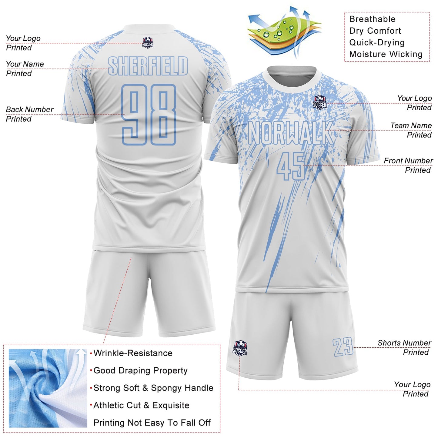 Custom White Light Blue Splash Sports Sublimation Soccer Uniform Jersey view 4