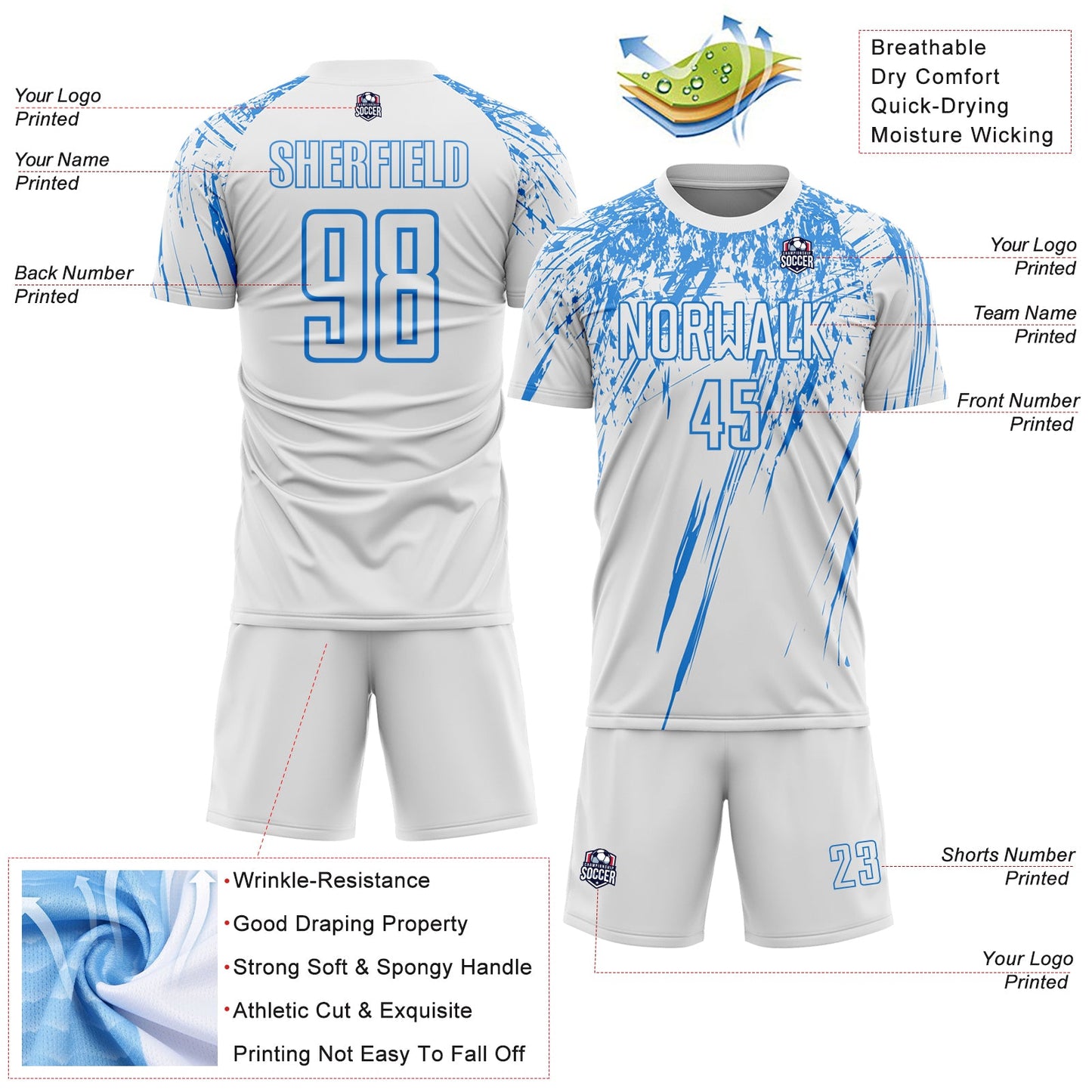 Custom White Powder Blue Splash Sports Sublimation Soccer Uniform Jersey view 4