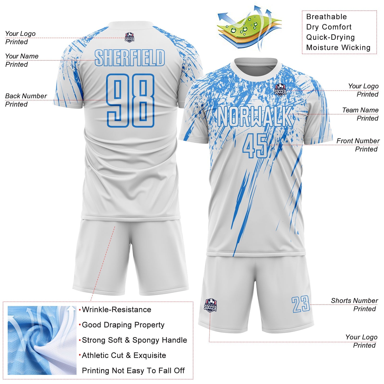 Custom White Powder Blue Splash Sports Sublimation Soccer Uniform Jersey view 4