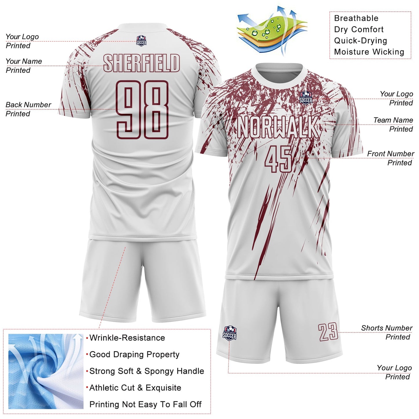 Custom White Burgundy Splash Sports Sublimation Soccer Uniform Jersey view 4