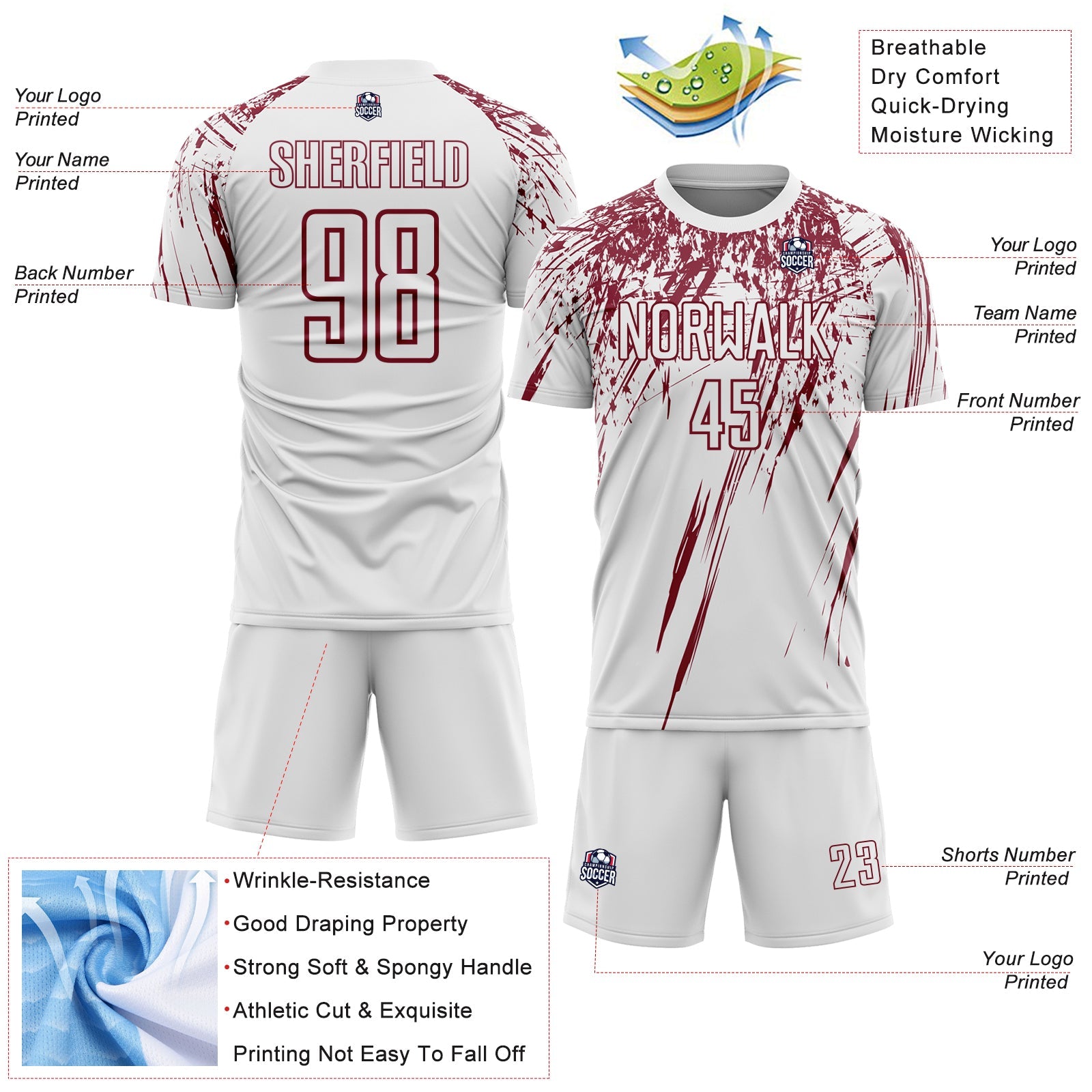 Custom White Crimson Splash Sports Sublimation Soccer Uniform Jersey view 4