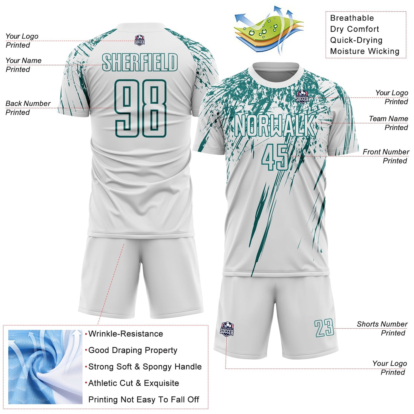 Custom White Teal Splash Sports Sublimation Soccer Uniform Jersey view 4