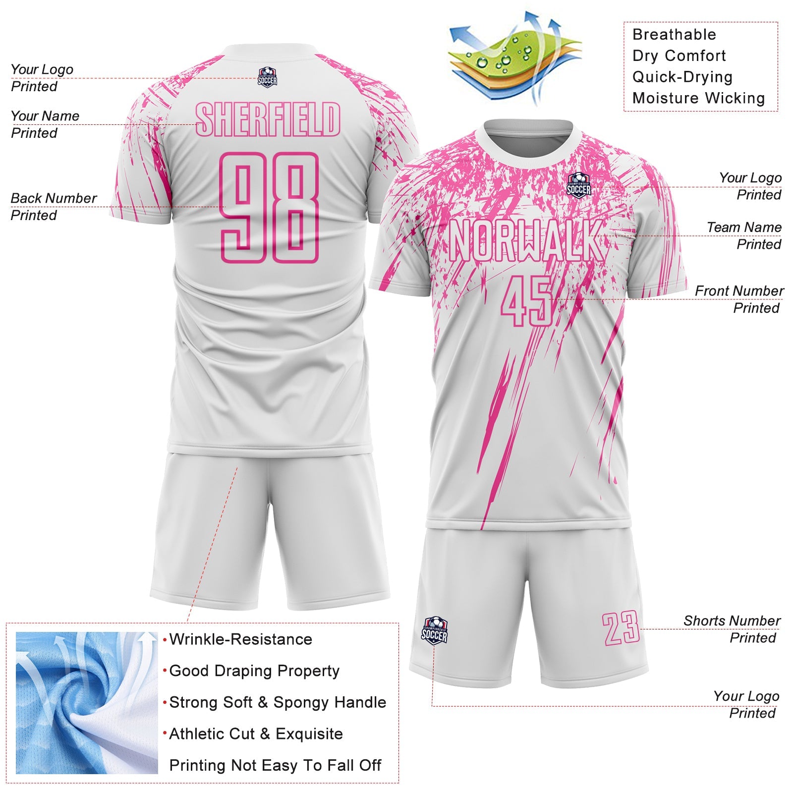 Custom White Pink Splash Sports Sublimation Soccer Uniform Jersey view 4