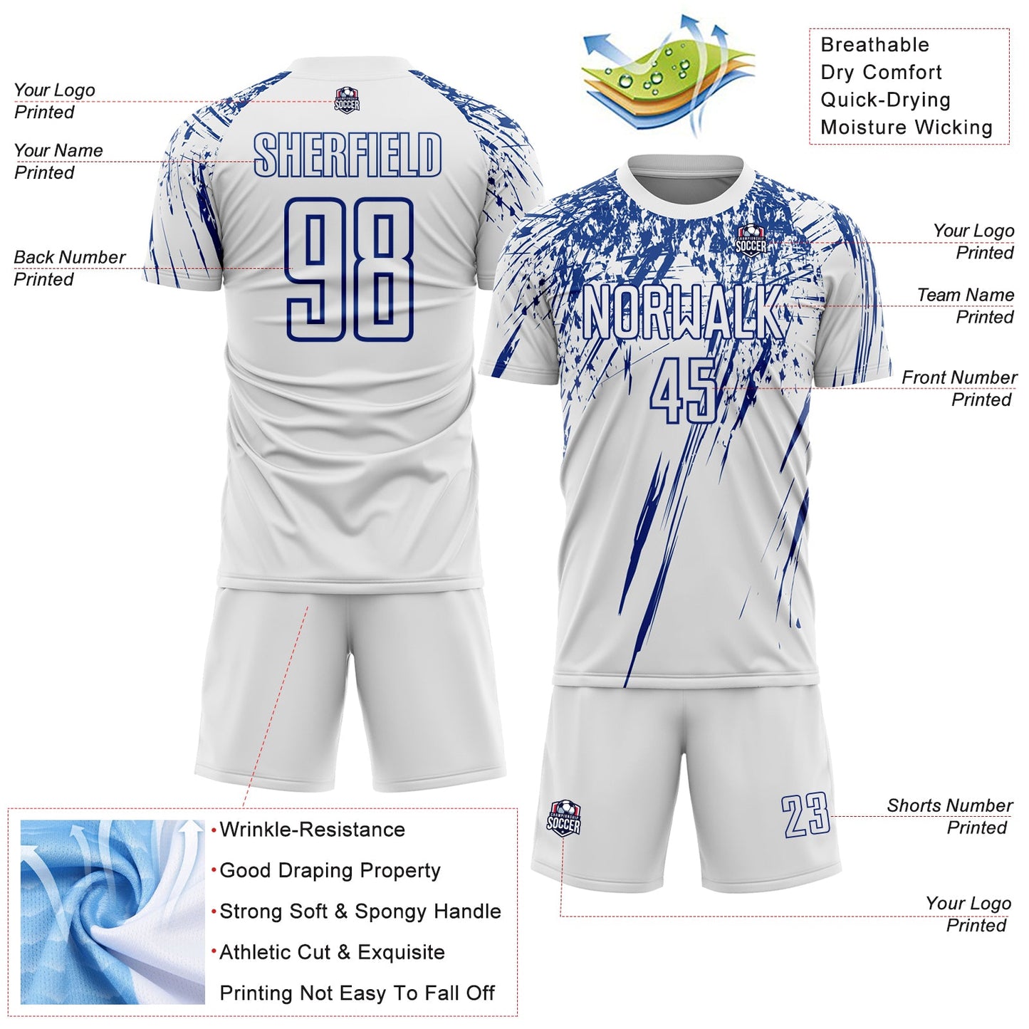 Custom White Royal Splash Sports Sublimation Soccer Uniform Jersey view 4