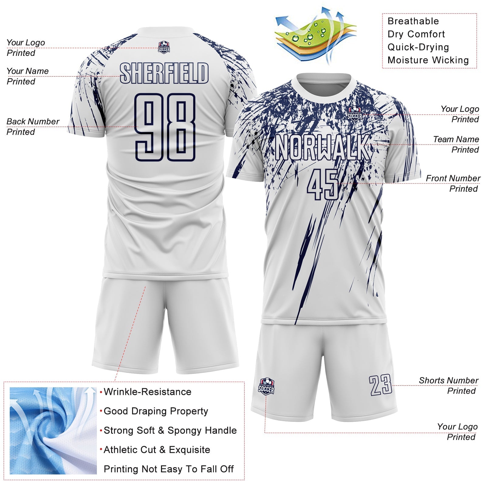 Custom White Navy Splash Sports Sublimation Soccer Uniform Jersey view 4