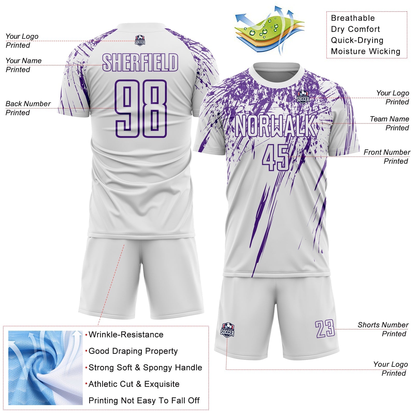 Custom White Purple Splash Sports Sublimation Soccer Uniform Jersey view 4