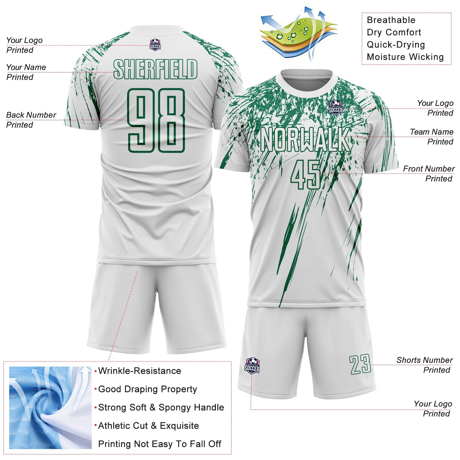Custom White Kelly Green Splash Sports Sublimation Soccer Uniform Jersey view 4
