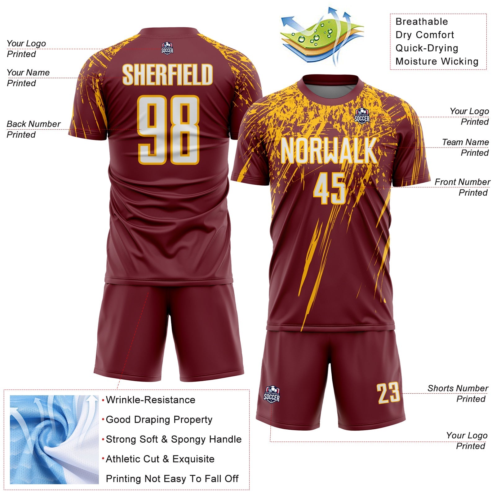 Custom Burgundy White-Gold Splash Sports Sublimation Soccer Uniform Jersey view 4