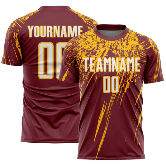 Custom Burgundy White-Gold Splash Sports Sublimation Soccer Uniform Jersey - Main View