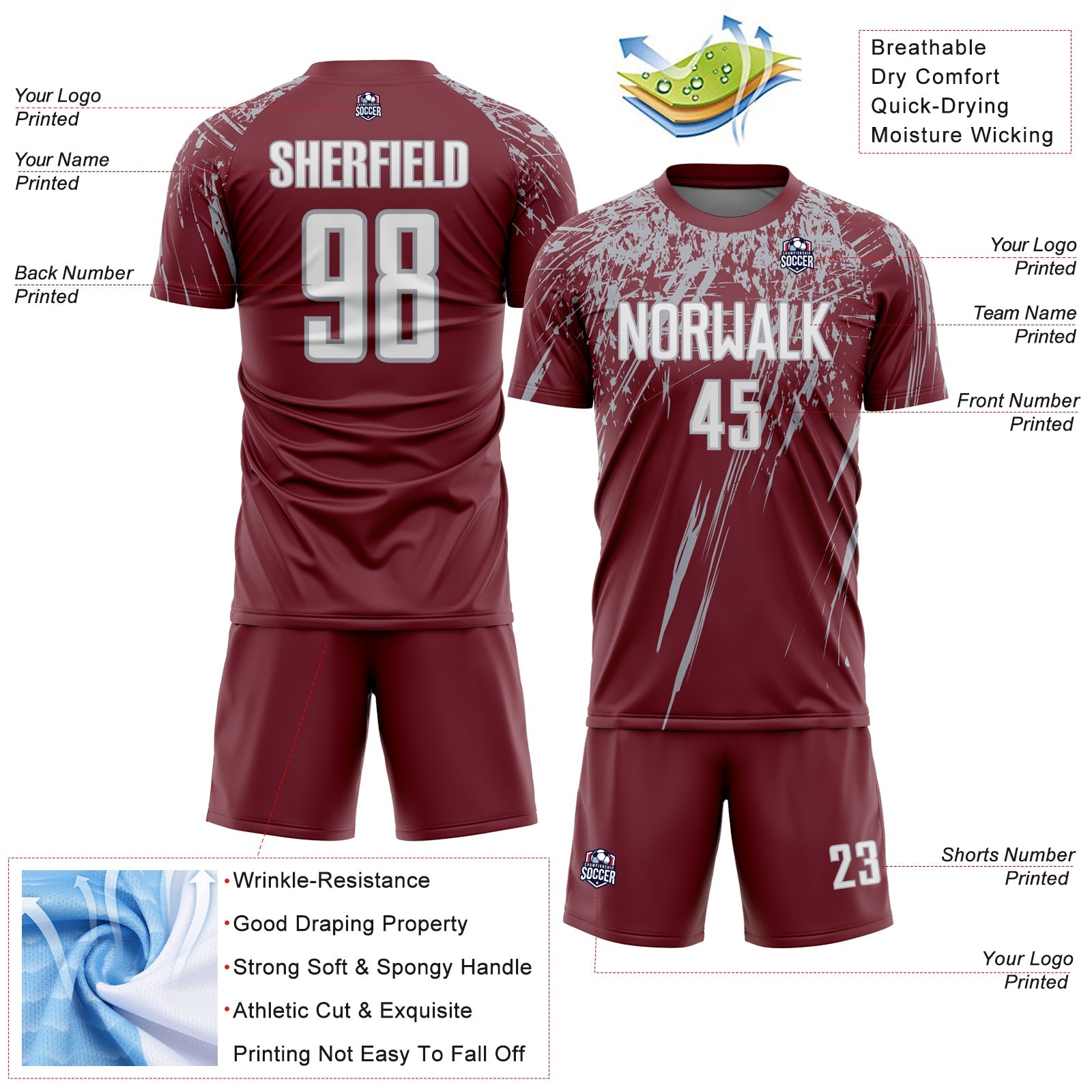 Custom Burgundy White-Gray Splash Sports Sublimation Soccer Uniform Jersey view 4