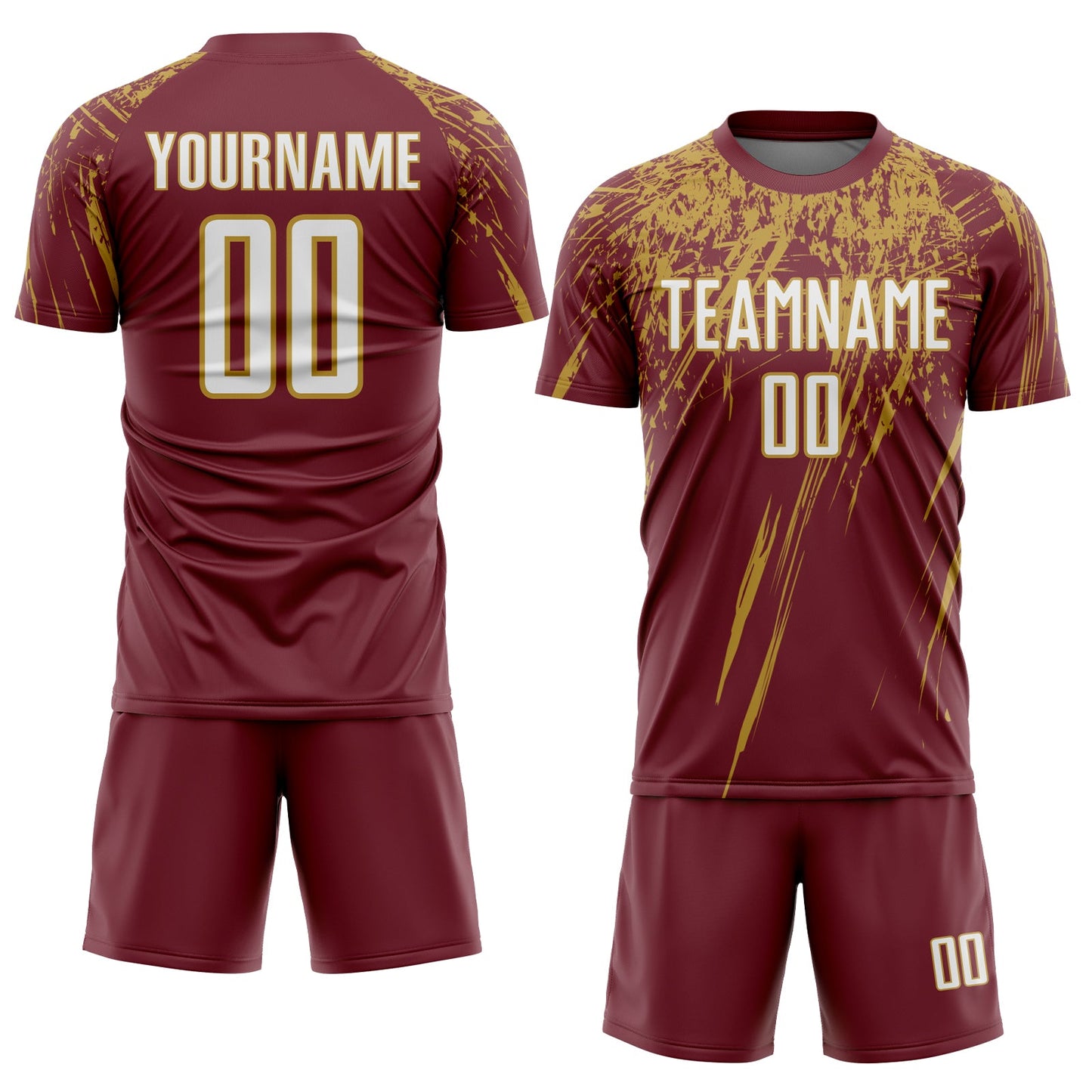 Custom Burgundy White-Old Gold Splash Sports Sublimation Soccer Uniform Jersey view 2
