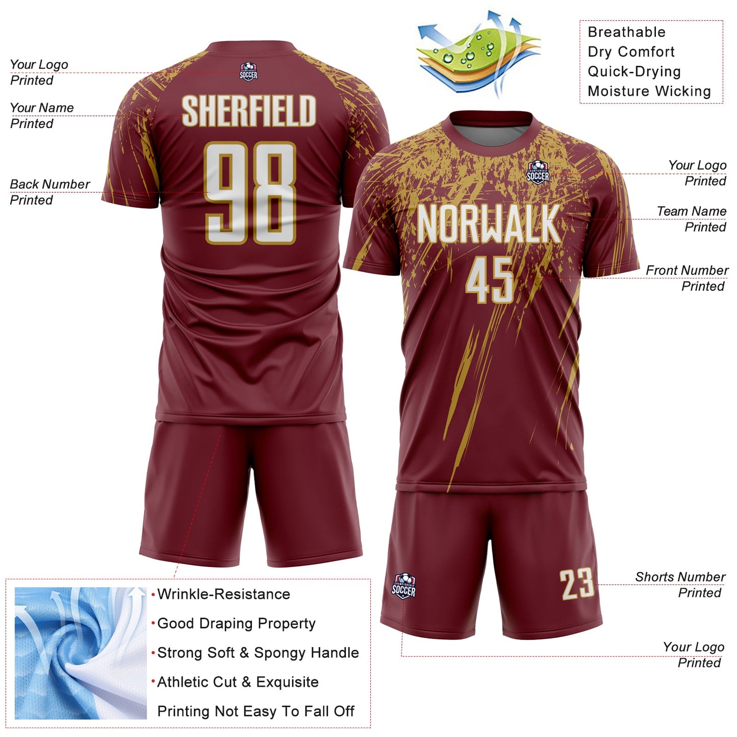 Custom Burgundy White-Old Gold Splash Sports Sublimation Soccer Uniform Jersey view 4