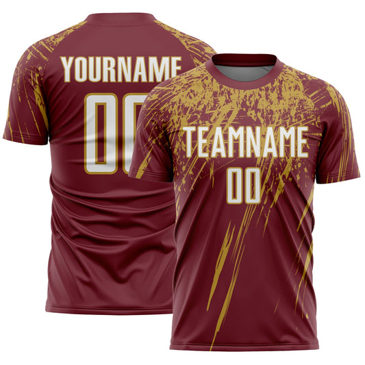 Custom Burgundy White-Old Gold Splash Sports Sublimation Soccer Uniform Jersey - Main View