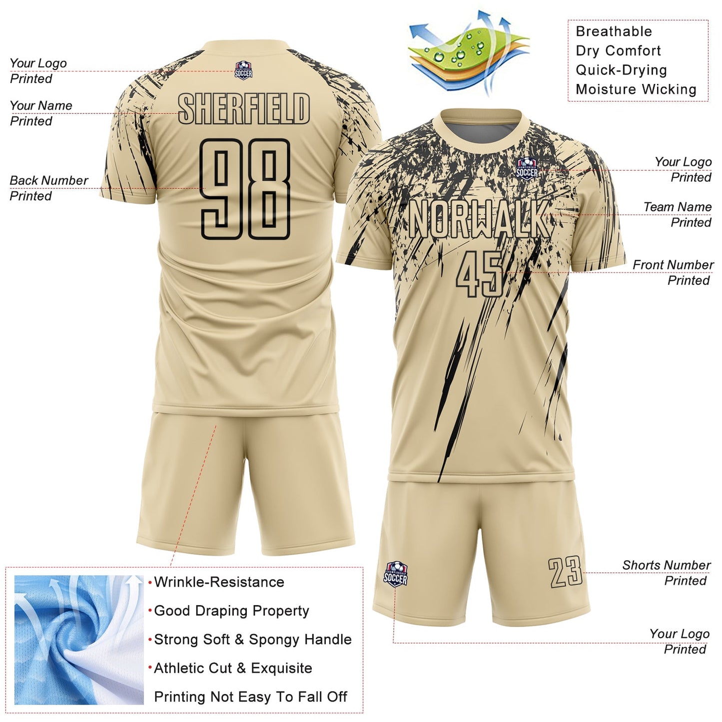 Custom Cream Black Splash Sports Sublimation Soccer Uniform Jersey view 4