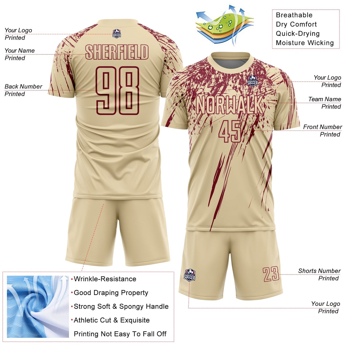 Custom Cream Crimson Splash Sports Sublimation Soccer Uniform Jersey view 4