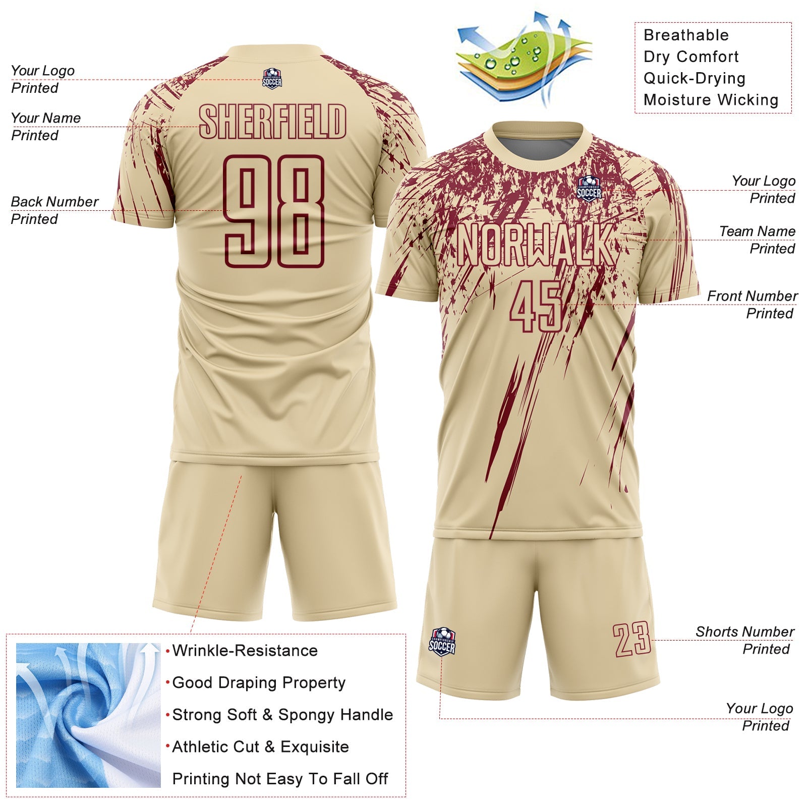 Custom Cream Crimson Splash Sports Sublimation Soccer Uniform Jersey view 4