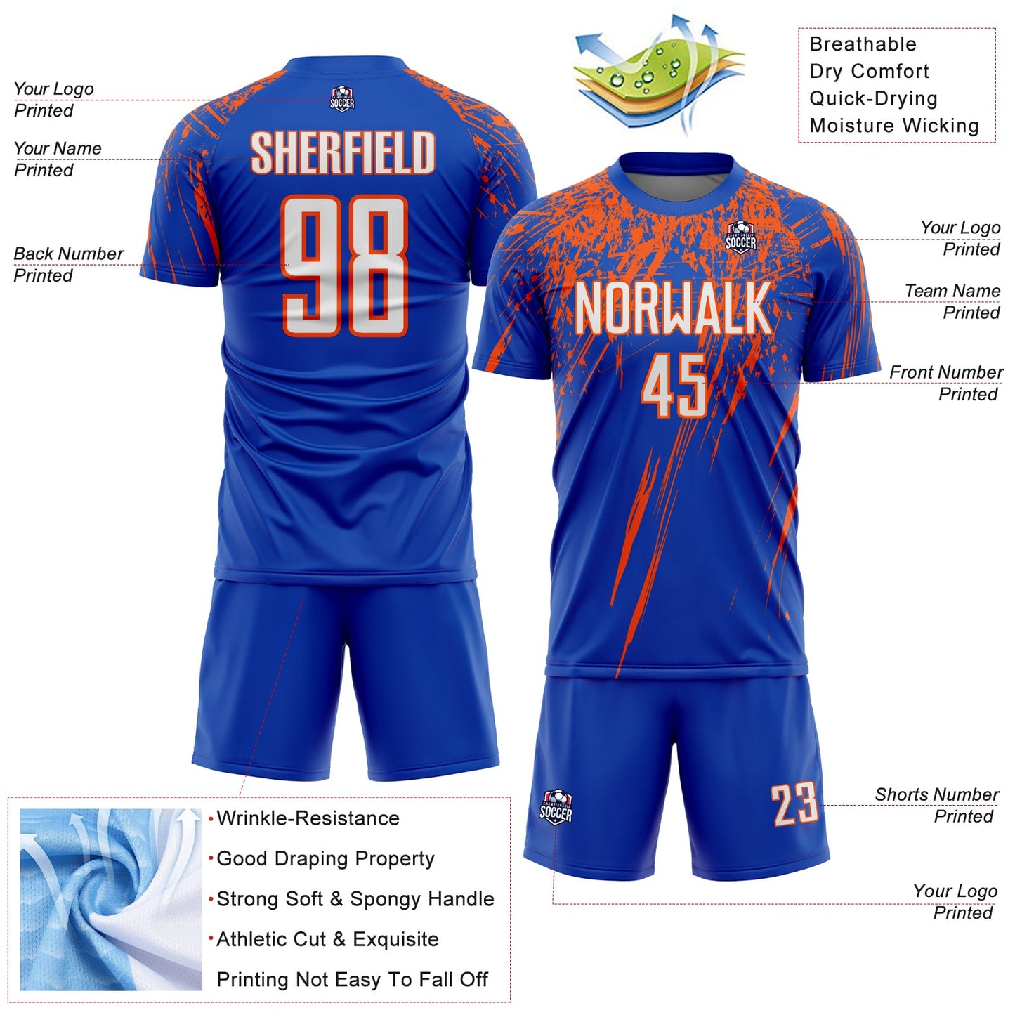 Custom Thunder Blue White-Orange Splash Sports Sublimation Soccer Uniform Jersey view 4