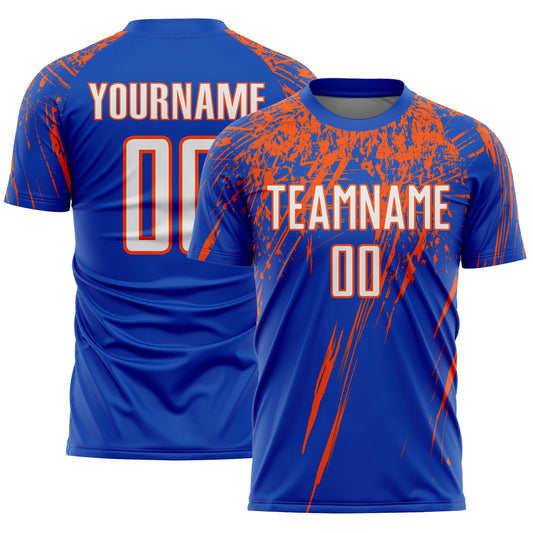 Custom Thunder Blue White-Orange Splash Sports Sublimation Soccer Uniform Jersey - Main View