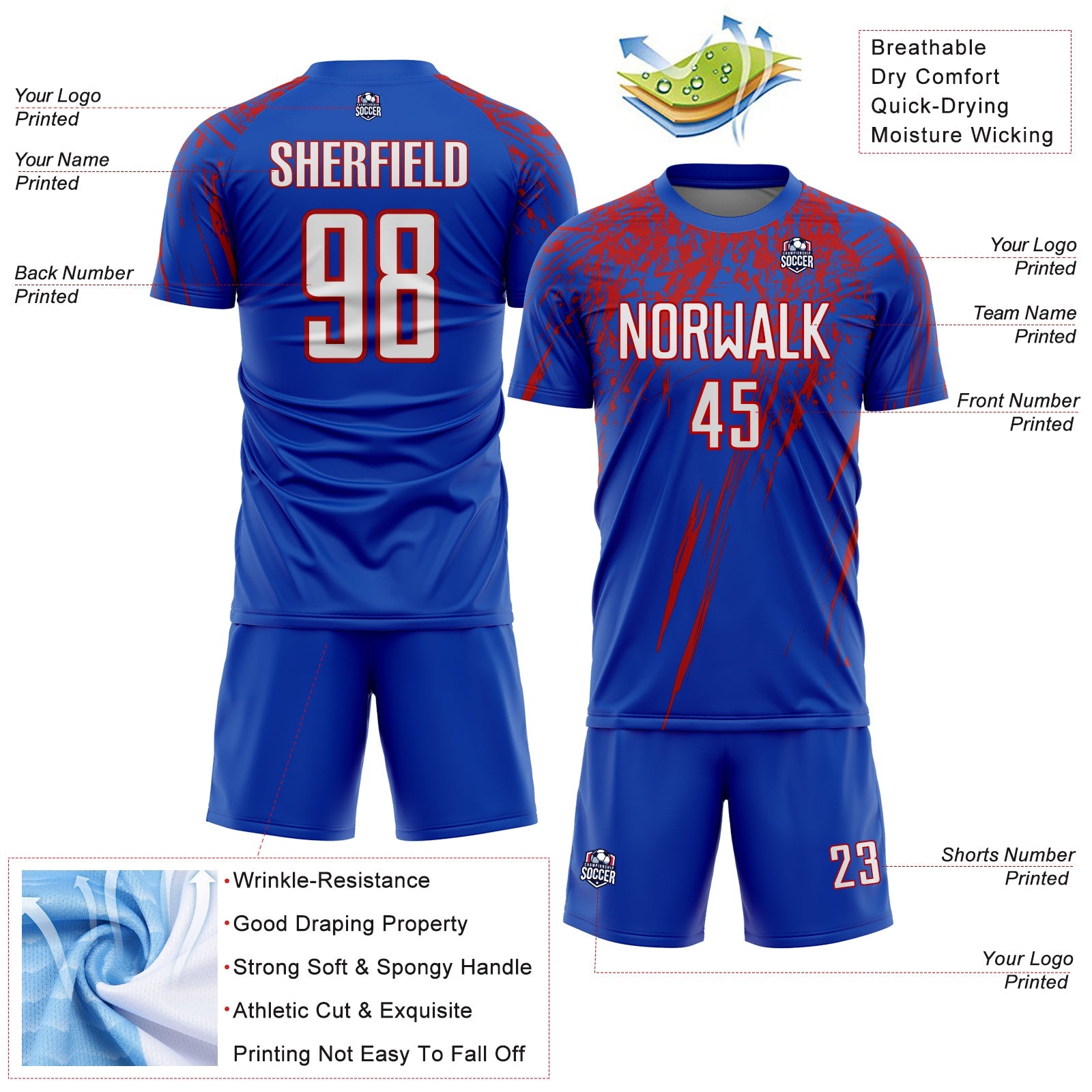 Custom Thunder Blue White-Red Splash Sports Sublimation Soccer Uniform Jersey view 4