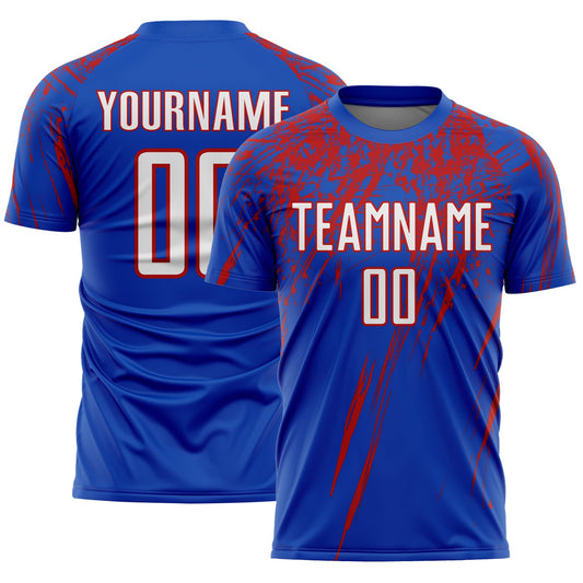 Custom Thunder Blue White-Red Splash Sports Sublimation Soccer Uniform Jersey - Main View