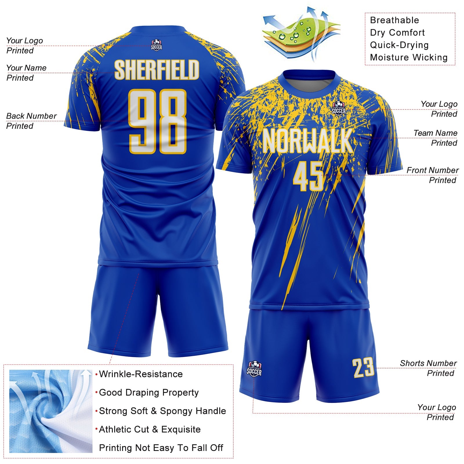 Custom Thunder Blue White-Yellow Splash Sports Sublimation Soccer Uniform Jersey view 4