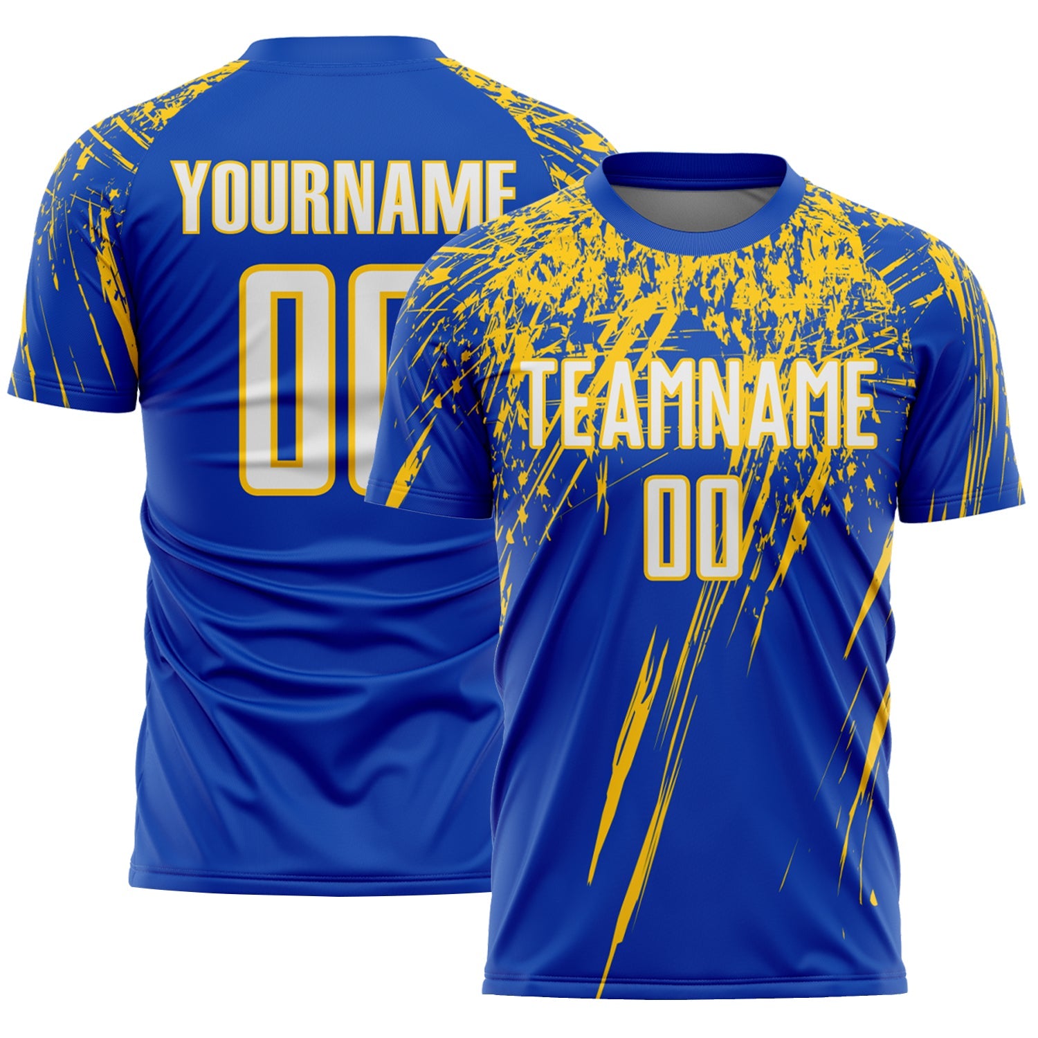 Custom Thunder Blue White-Yellow Splash Sports Sublimation Soccer Uniform Jersey - Main View