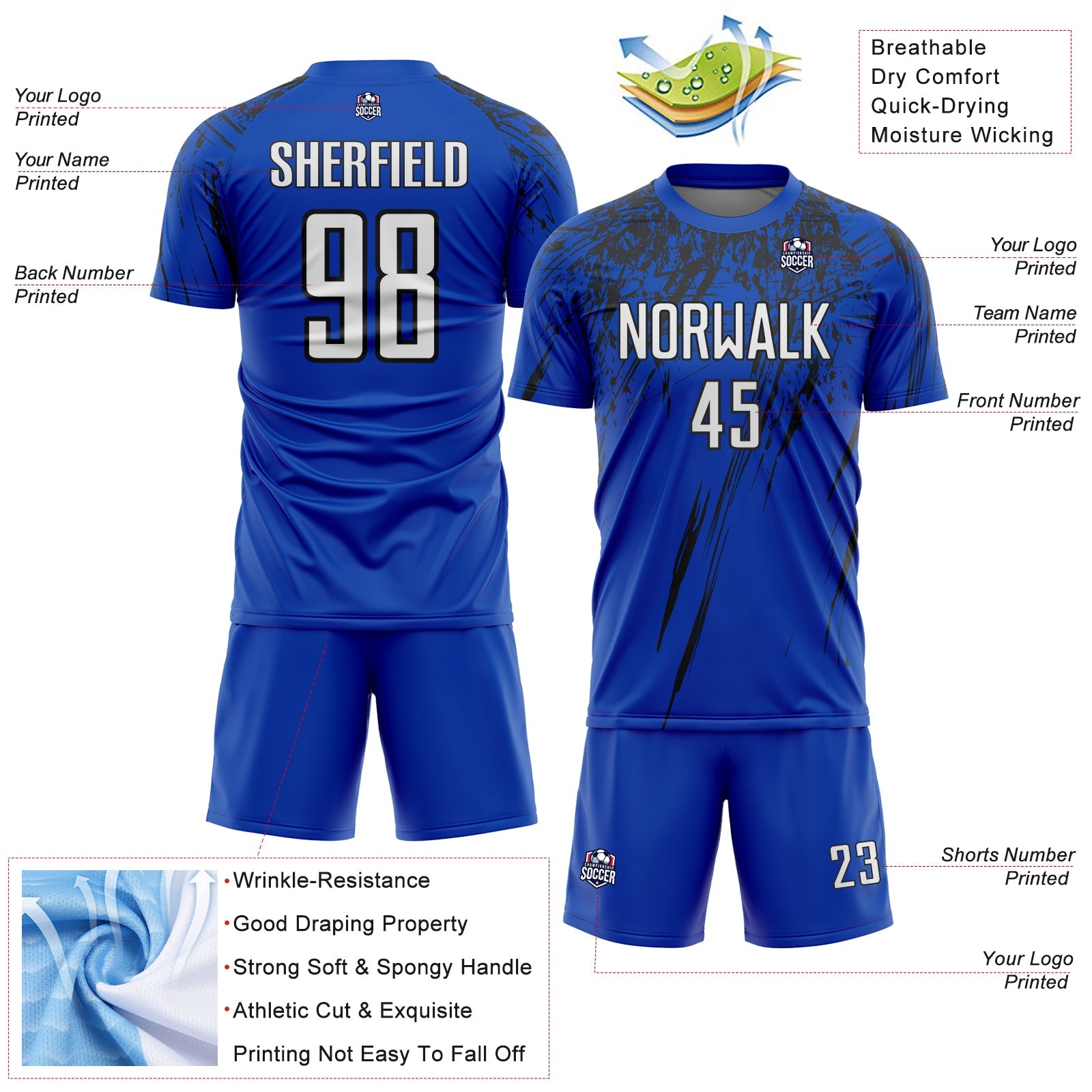 Custom Thunder Blue White-Black Splash Sports Sublimation Soccer Uniform Jersey view 4