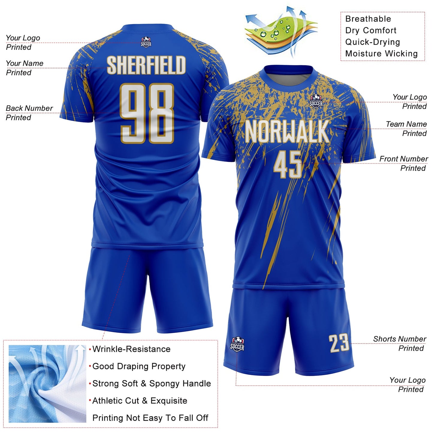 Custom Thunder Blue White-Old Gold Splash Sports Sublimation Soccer Uniform Jersey view 4