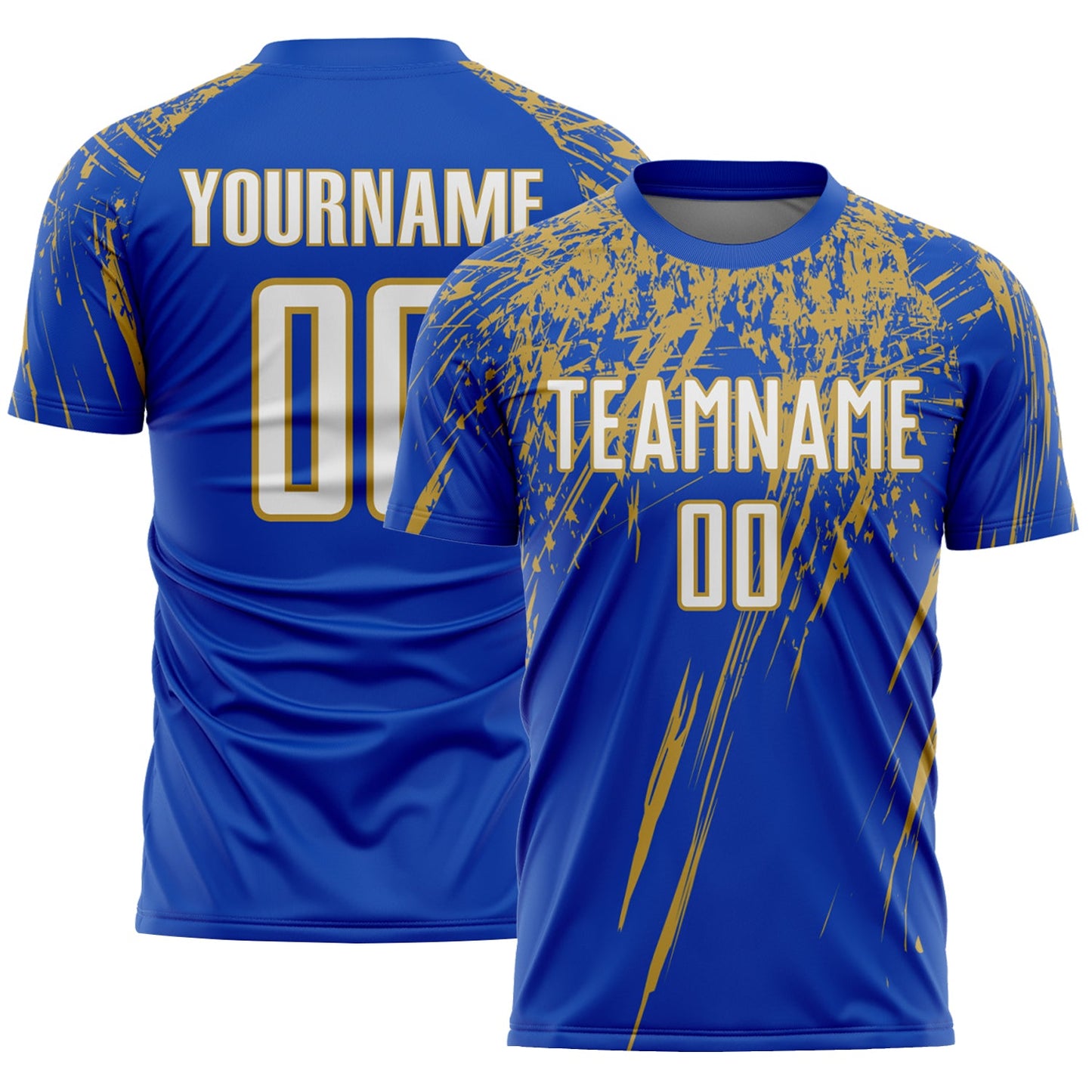 Custom Thunder Blue White-Old Gold Splash Sports Sublimation Soccer Uniform Jersey - Main View