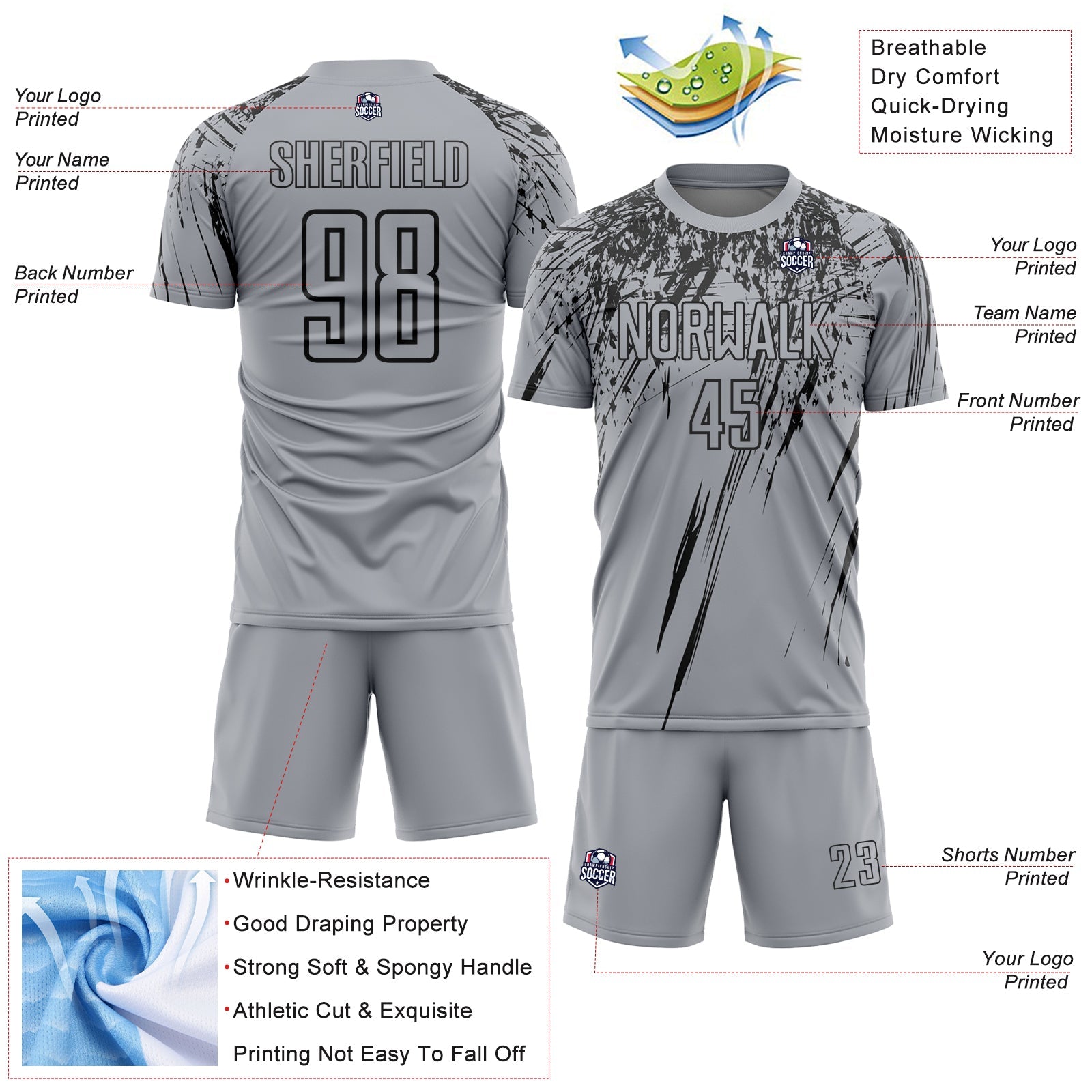 Custom Gray Black Splash Sports Sublimation Soccer Uniform Jersey view 4