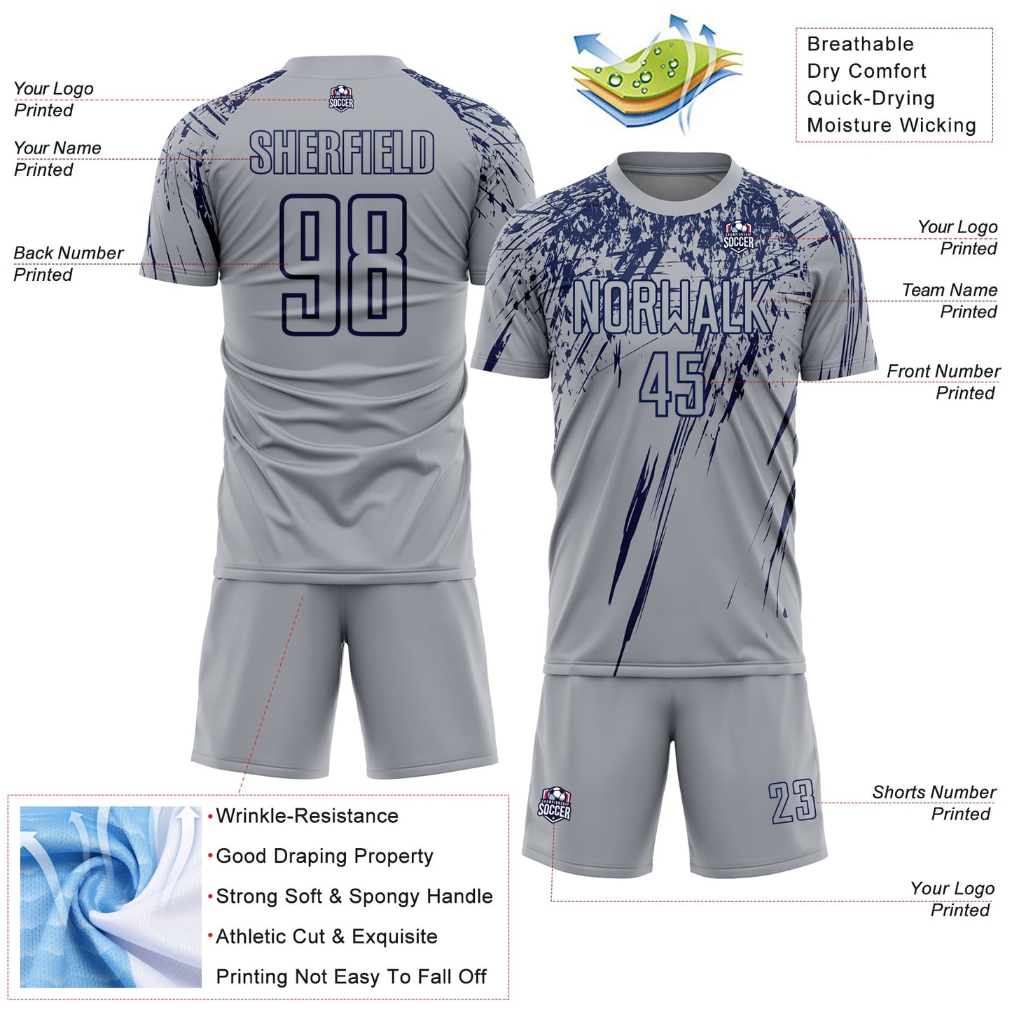 Custom Gray Navy Splash Sports Sublimation Soccer Uniform Jersey view 4