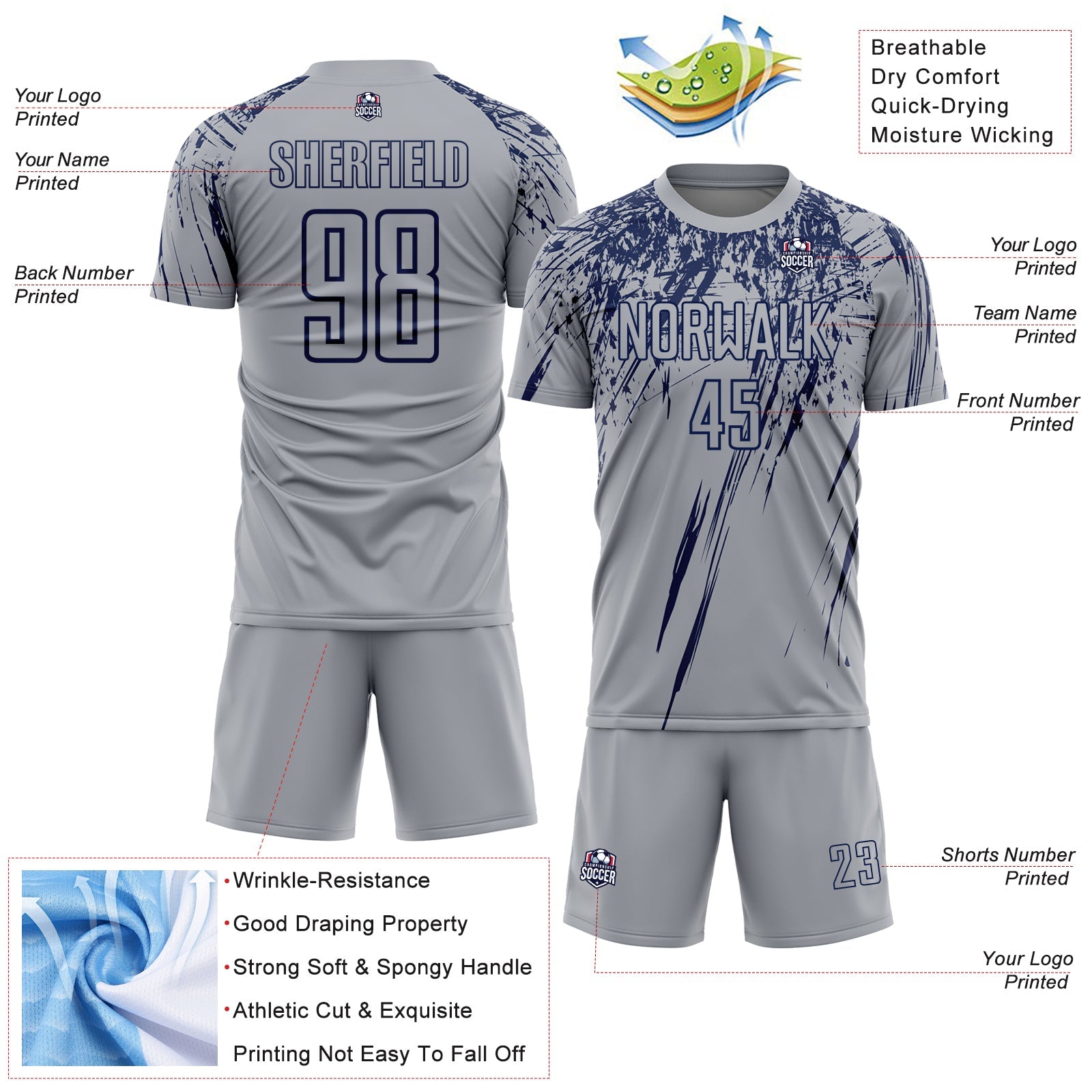 Custom Gray Navy Splash Sports Sublimation Soccer Uniform Jersey view 4