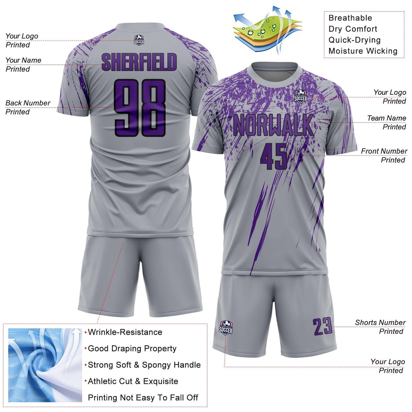 Custom Gray Purple-Black Splash Sports Sublimation Soccer Uniform Jersey view 4