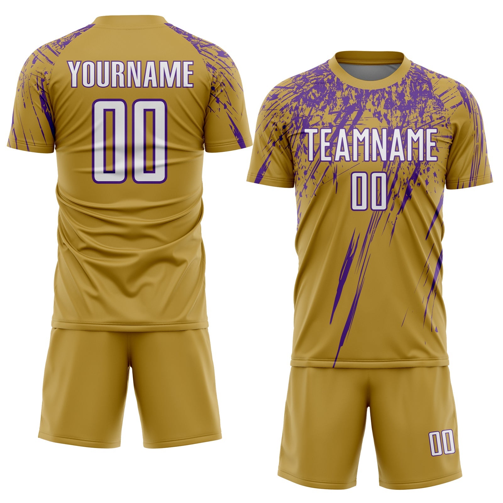 Custom Old Gold White-Purple Splash Sports Sublimation Soccer Uniform Jersey view 2