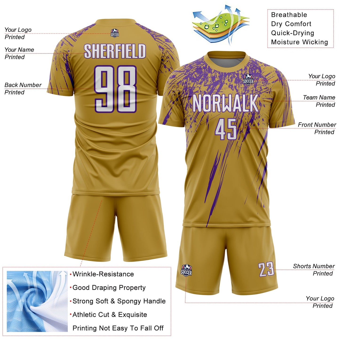 Custom Old Gold White-Purple Splash Sports Sublimation Soccer Uniform Jersey view 4