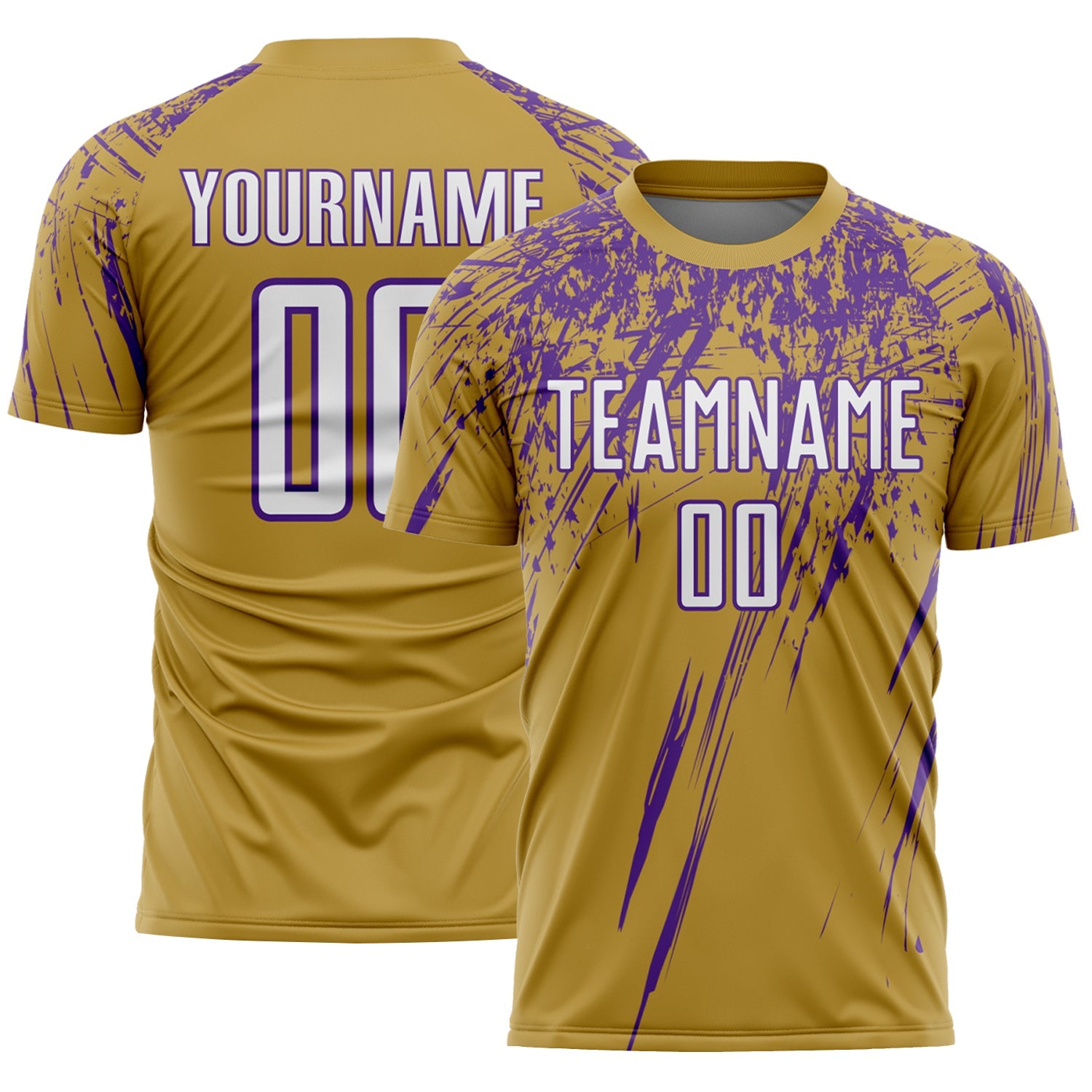 Custom Old Gold White-Purple Splash Sports Sublimation Soccer Uniform Jersey - Main View