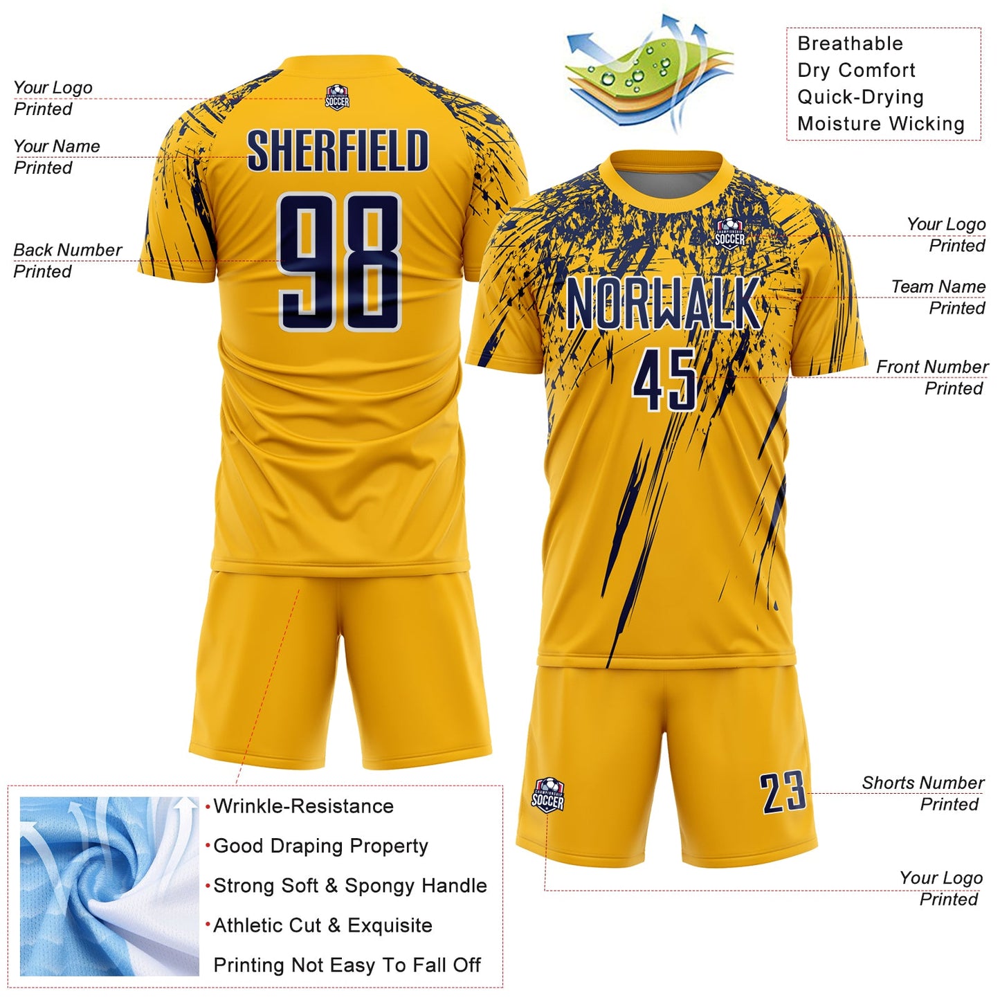 Custom Gold Navy-White Splash Sports Sublimation Soccer Uniform Jersey view 4