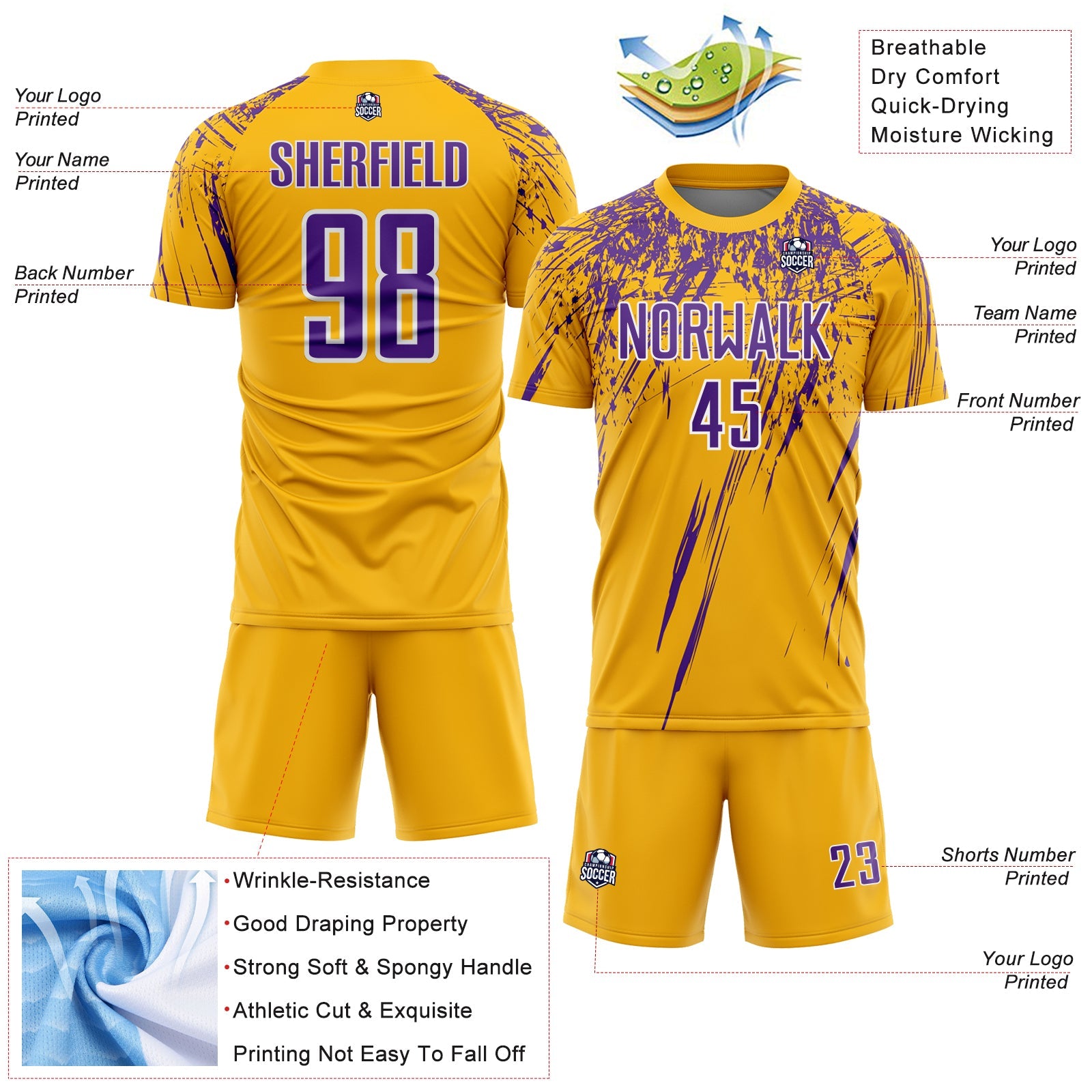 Custom Gold Purple-White Splash Sports Sublimation Soccer Uniform Jersey view 4