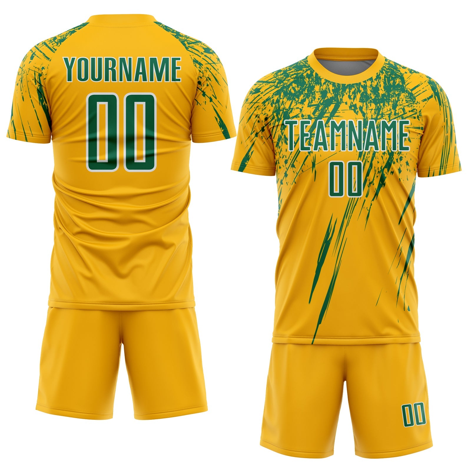 Custom Gold Kelly Green-White Splash Sports Sublimation Soccer Uniform Jersey view 2