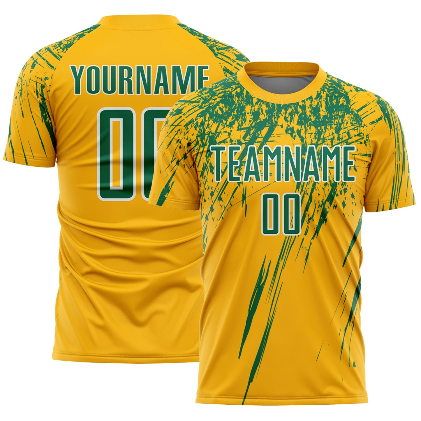 Custom Gold Kelly Green-White Splash Sports Sublimation Soccer Uniform Jersey - Main View