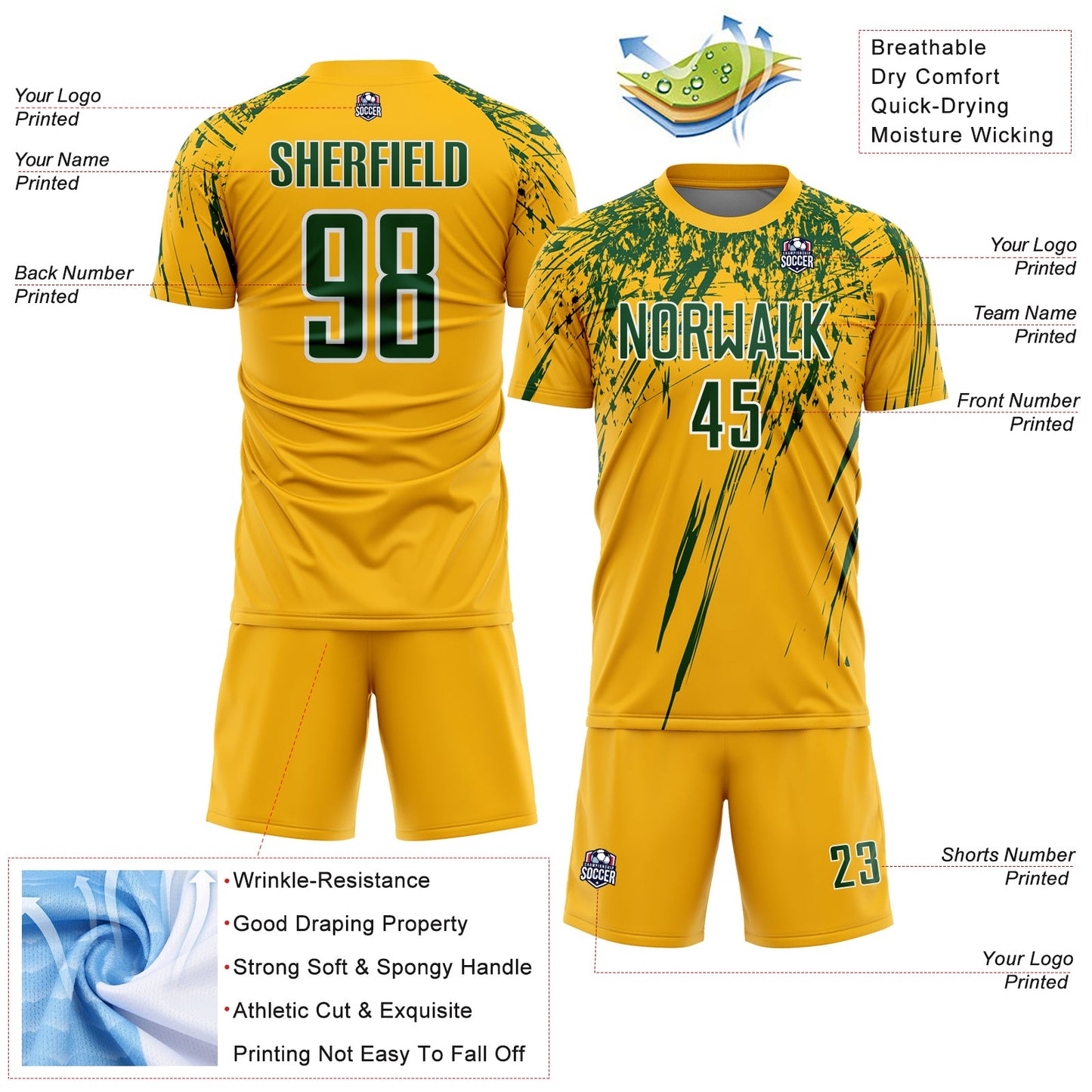 Custom Gold Green-White Splash Sports Sublimation Soccer Uniform Jersey view 4