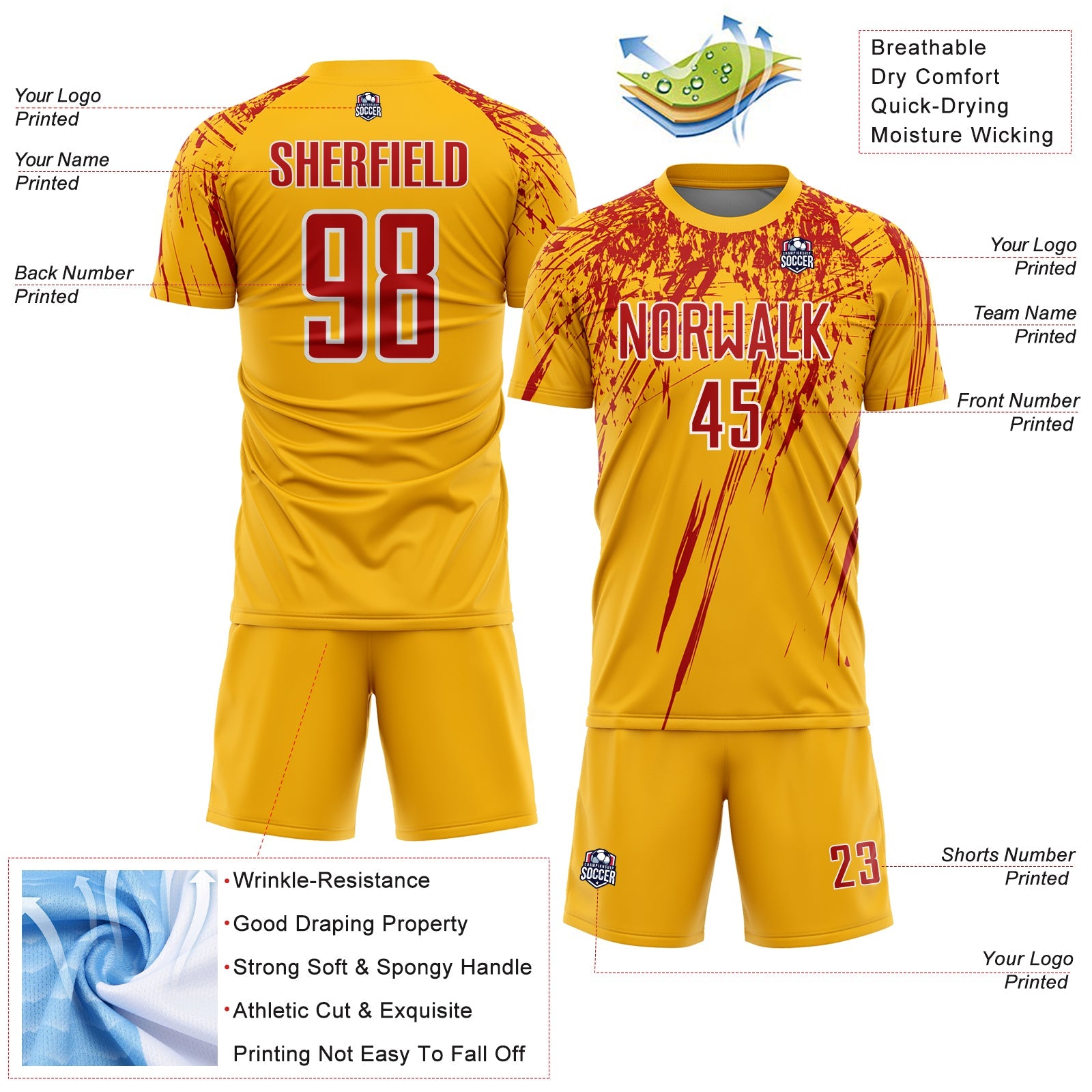Custom Gold Red-White Splash Sports Sublimation Soccer Uniform Jersey view 4