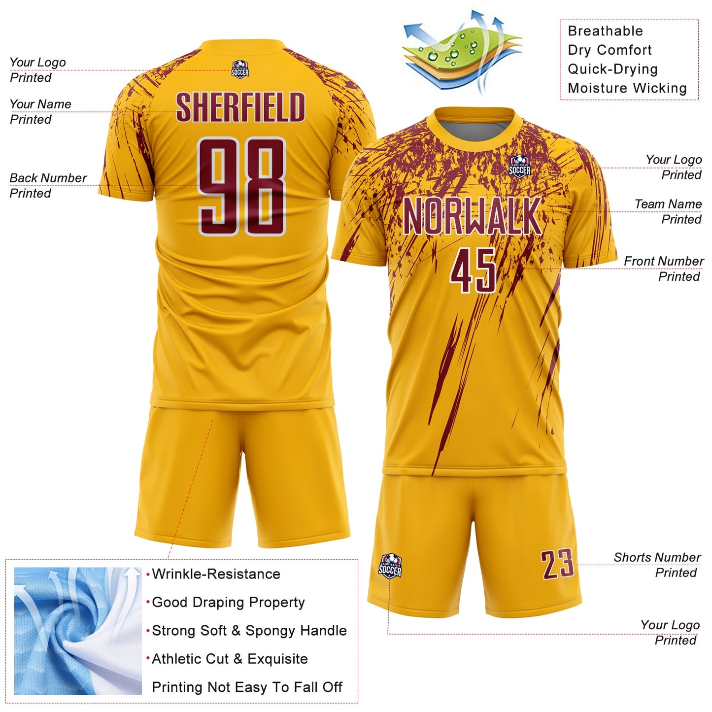 Custom Gold Crimson-White Splash Sports Sublimation Soccer Uniform Jersey view 4
