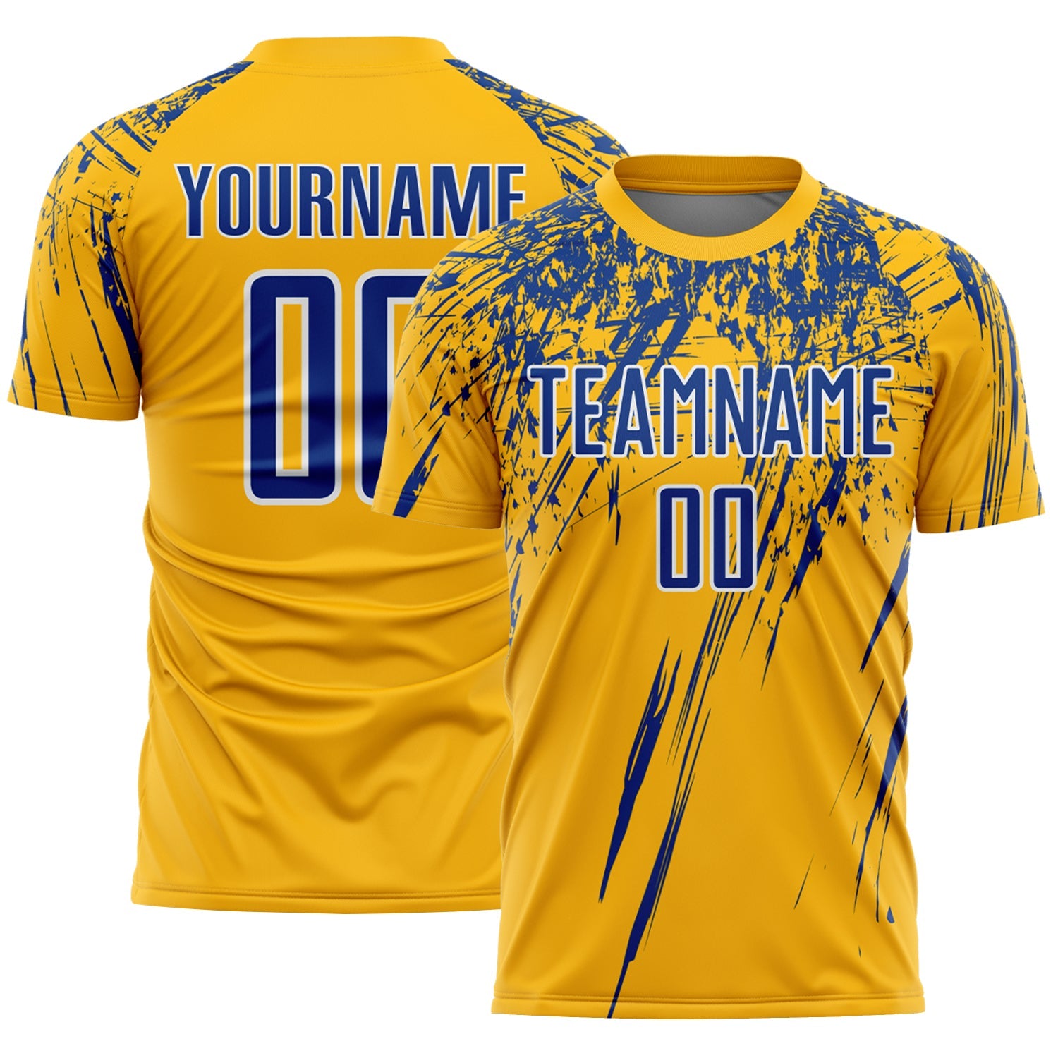 Custom Gold Royal-White Splash Sports Sublimation Soccer Uniform Jersey - Main View