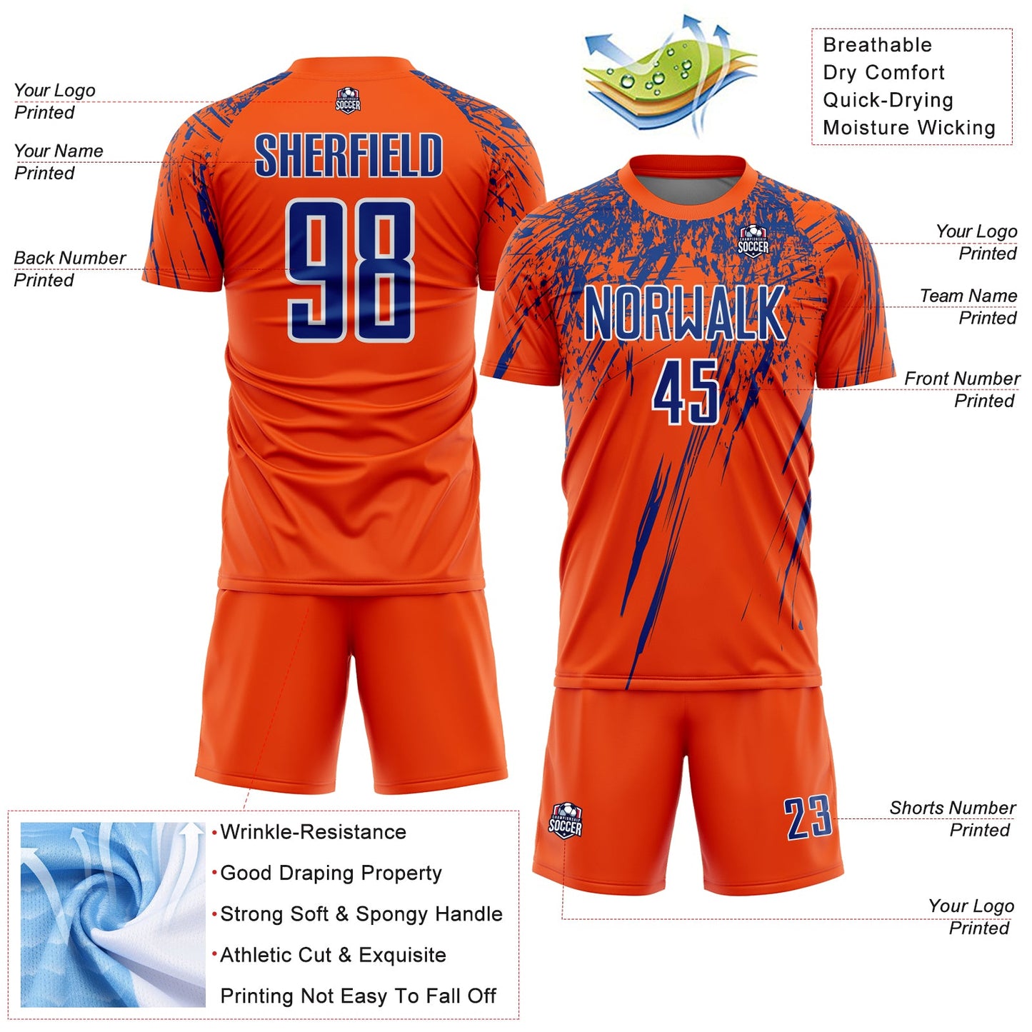 Custom Orange Royal-White Splash Sports Sublimation Soccer Uniform Jersey view 4