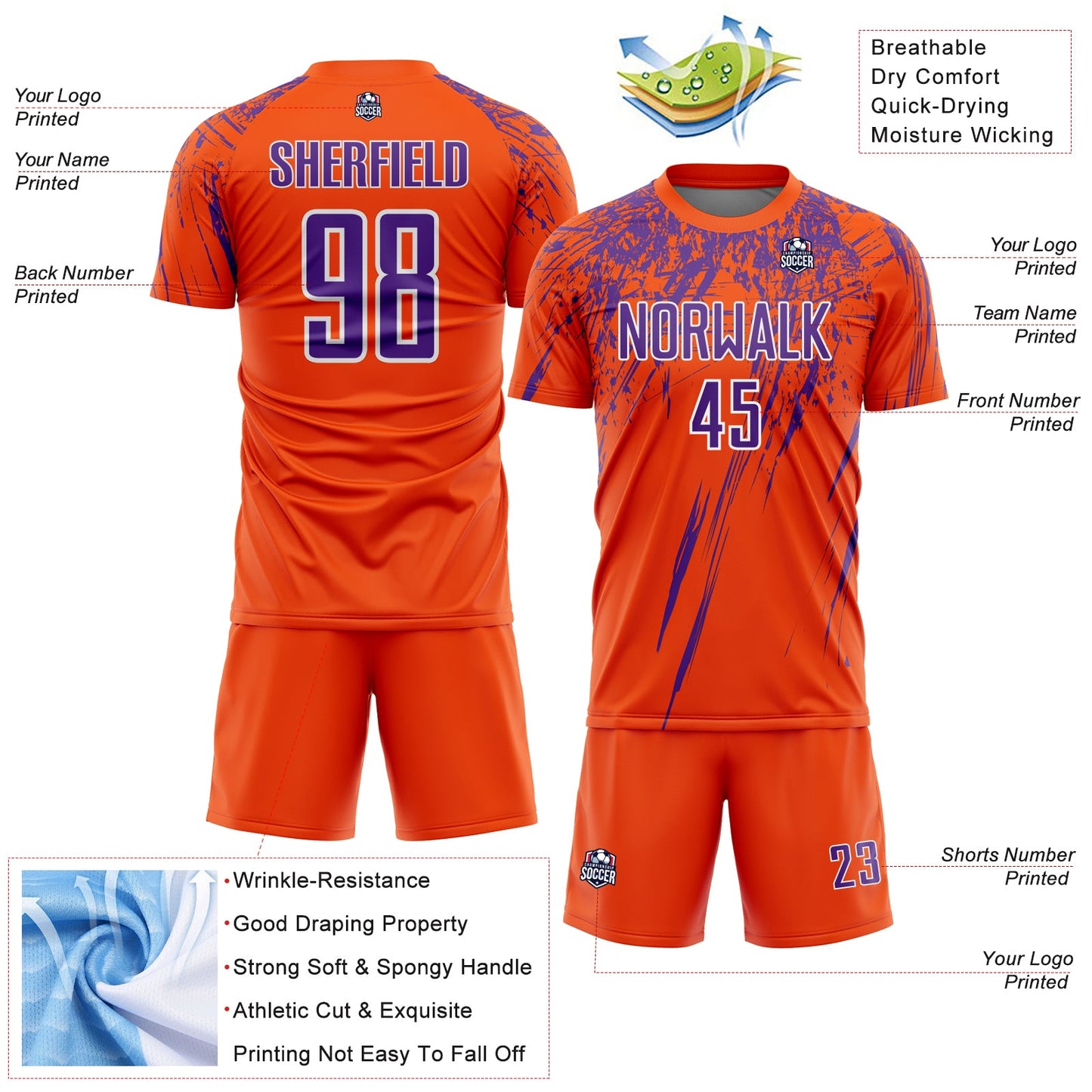 Custom Orange Purple-White Splash Sports Sublimation Soccer Uniform Jersey view 4