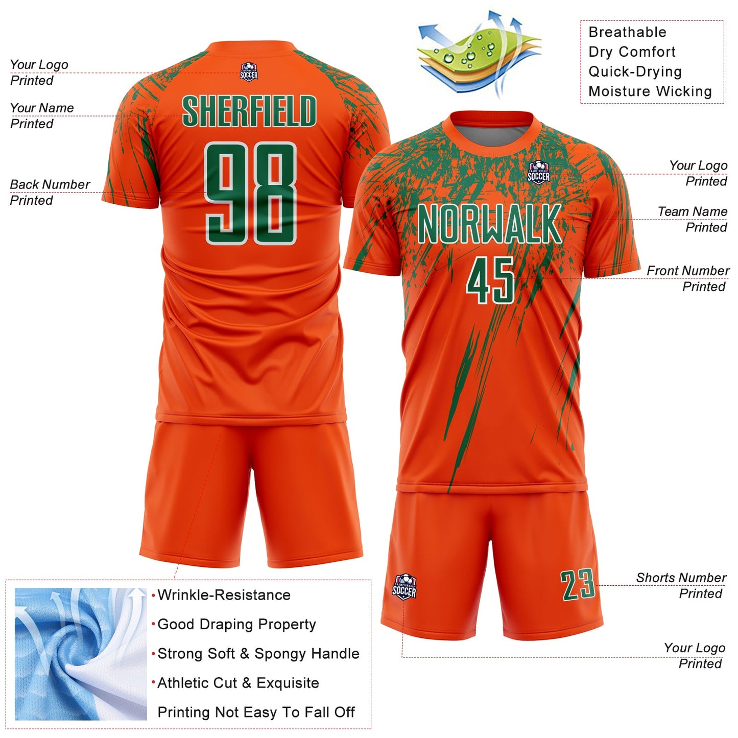 Custom Orange Kelly Green-White Splash Sports Sublimation Soccer Uniform Jersey view 4